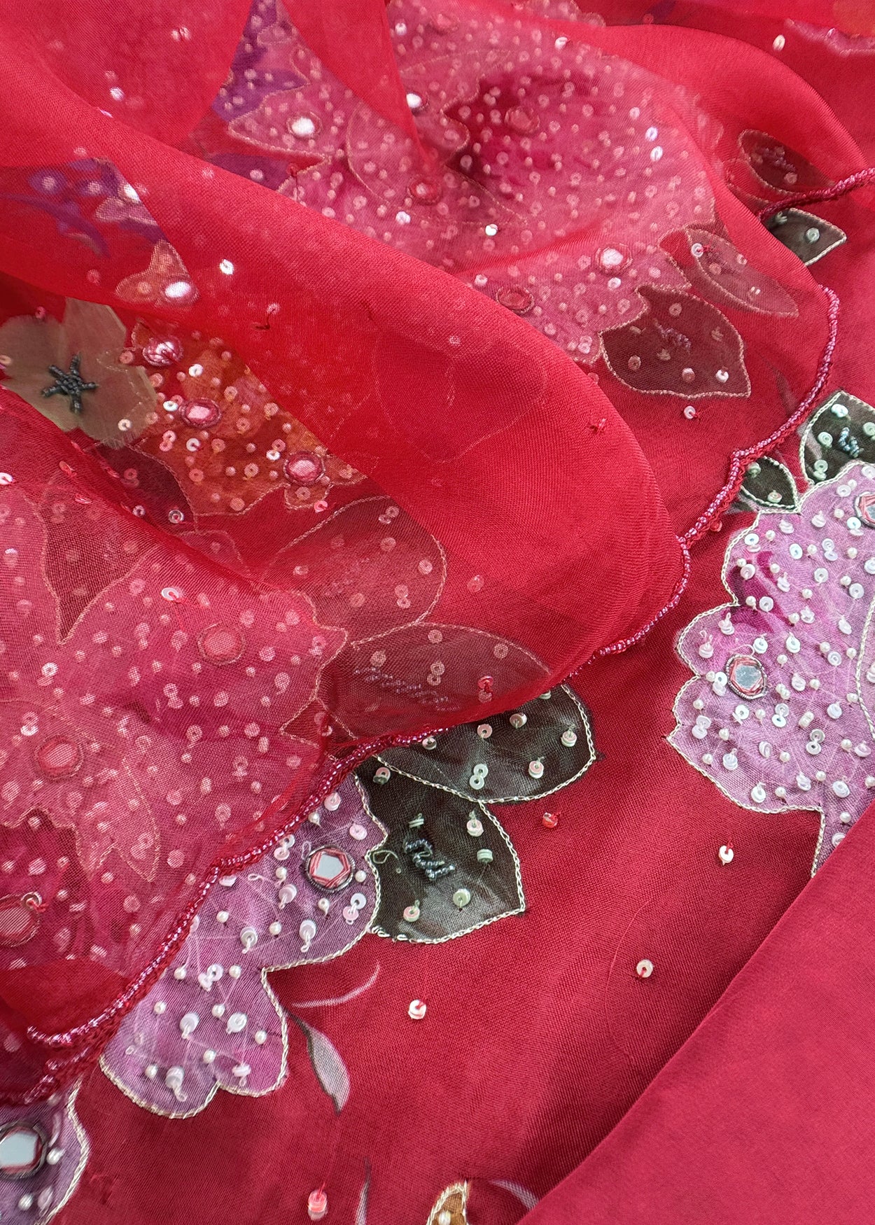 Red Pure Organza Unstitched Suit With Dupatta