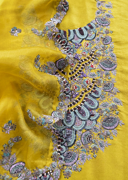 Luxe Yellow Green Dupion Silk Kurta And Kora Silk Dupatta With Designer Dabka Dori Hand Work With Woven Details