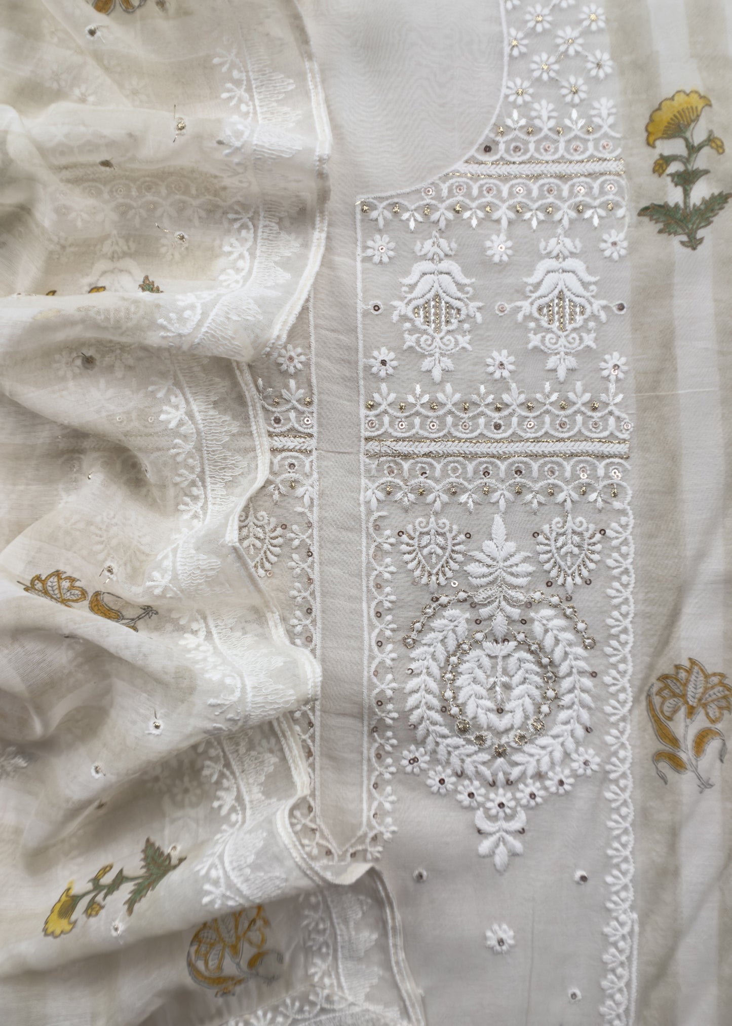 White With Yellow Pure Mul Handblock Print Suit With Chikan Embroidery
