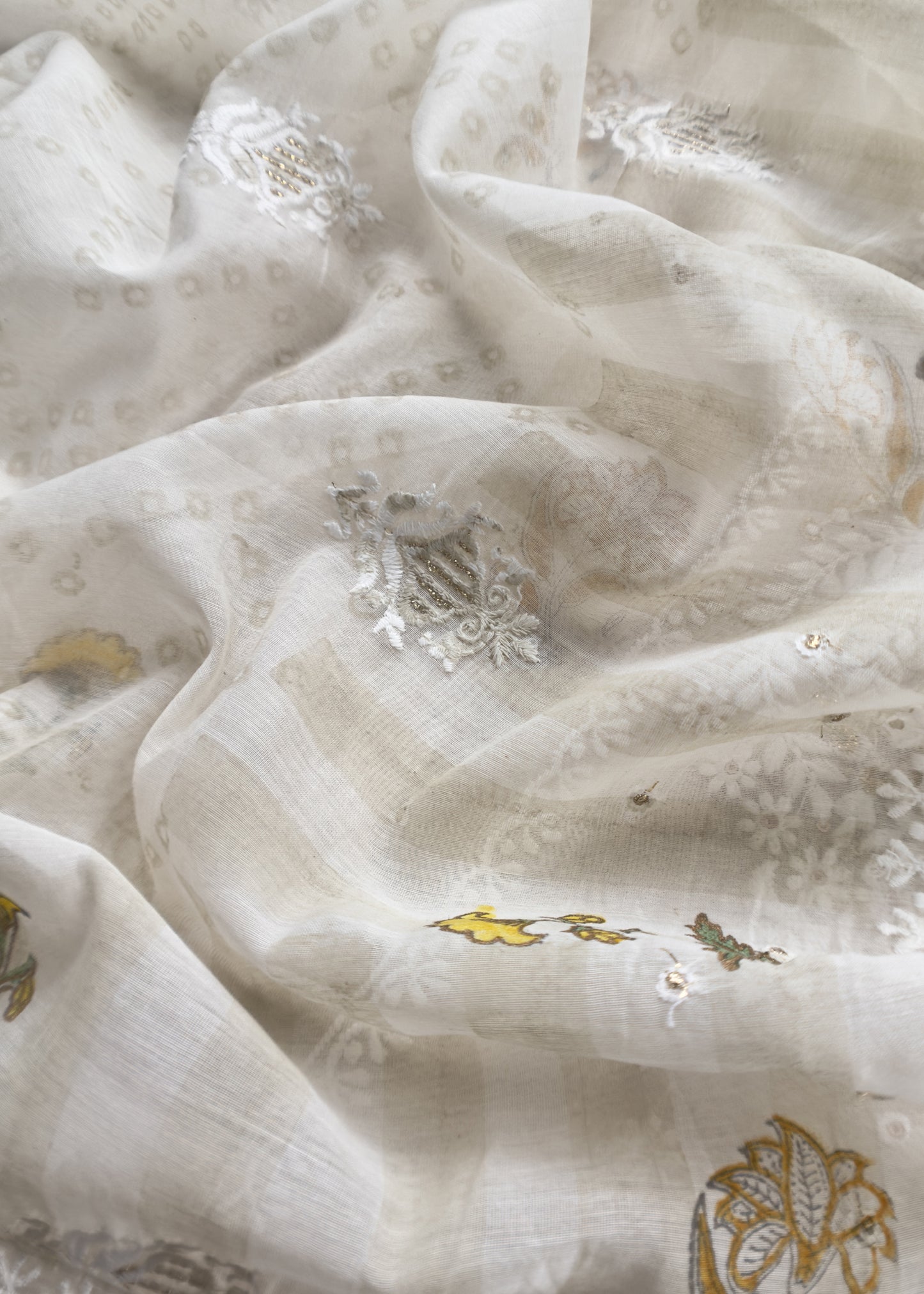 White With Yellow Pure Mul Handblock Print Suit With Chikan Embroidery
