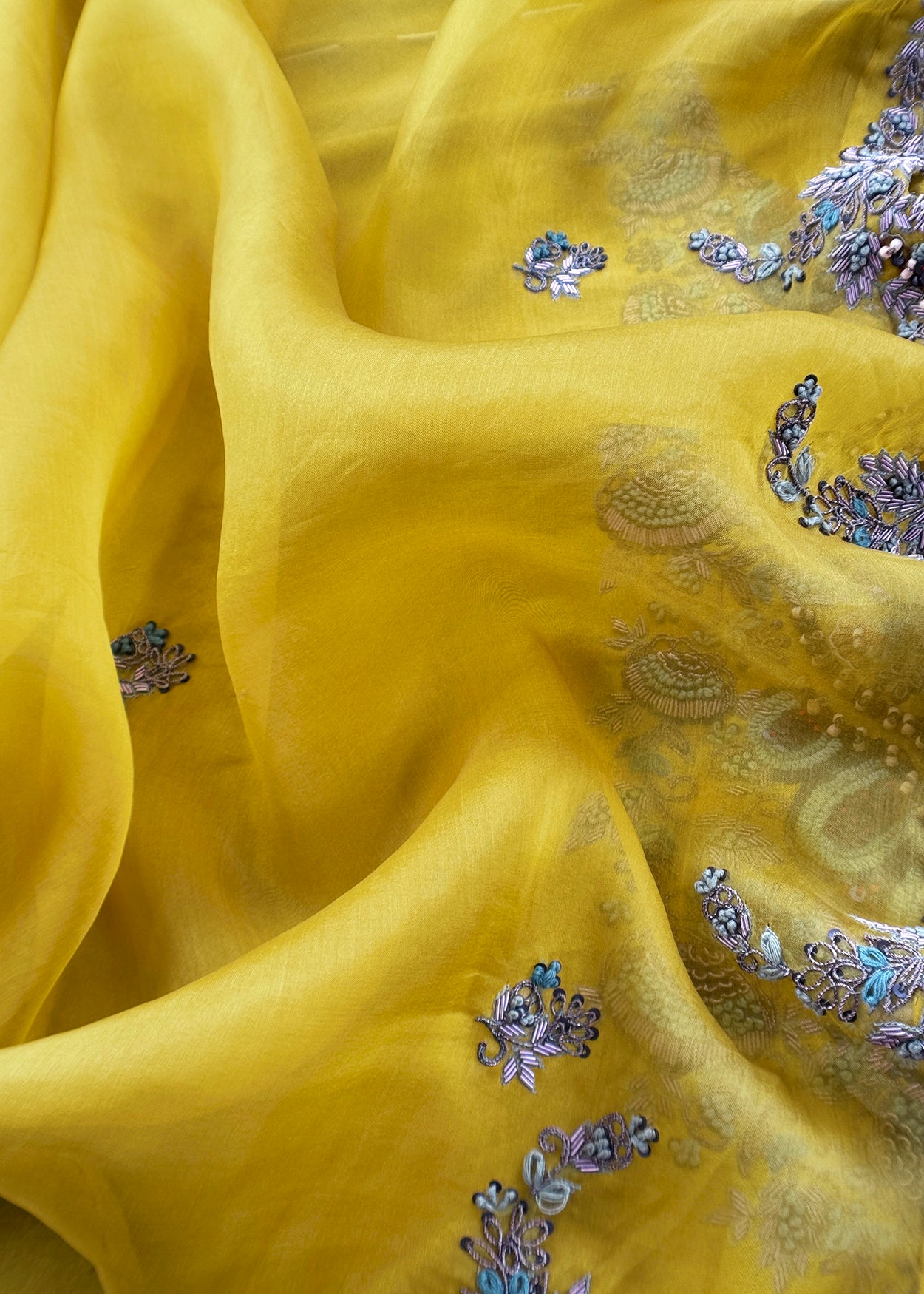 Luxe Yellow Green Dupion Silk Kurta And Kora Silk Dupatta With Designer Dabka Dori Hand Work With Woven Details