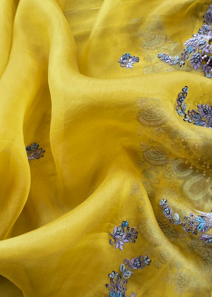 Luxe Yellow Green Dupion Silk Kurta And Kora Silk Dupatta With Designer Dabka Dori Hand Work With Woven Details