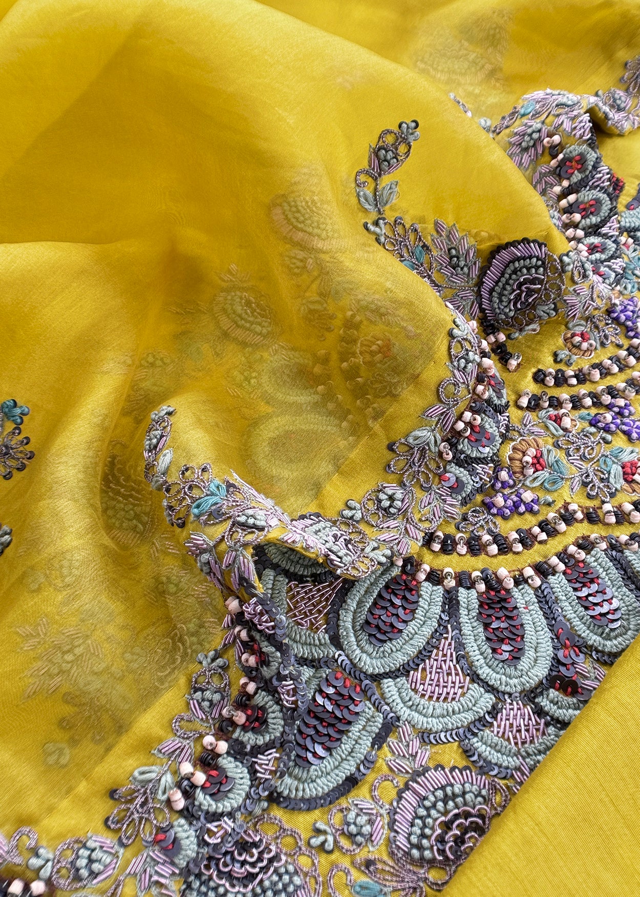 Luxe Yellow Green Dupion Silk Kurta And Kora Silk Dupatta With Designer Dabka Dori Hand Work With Woven Details
