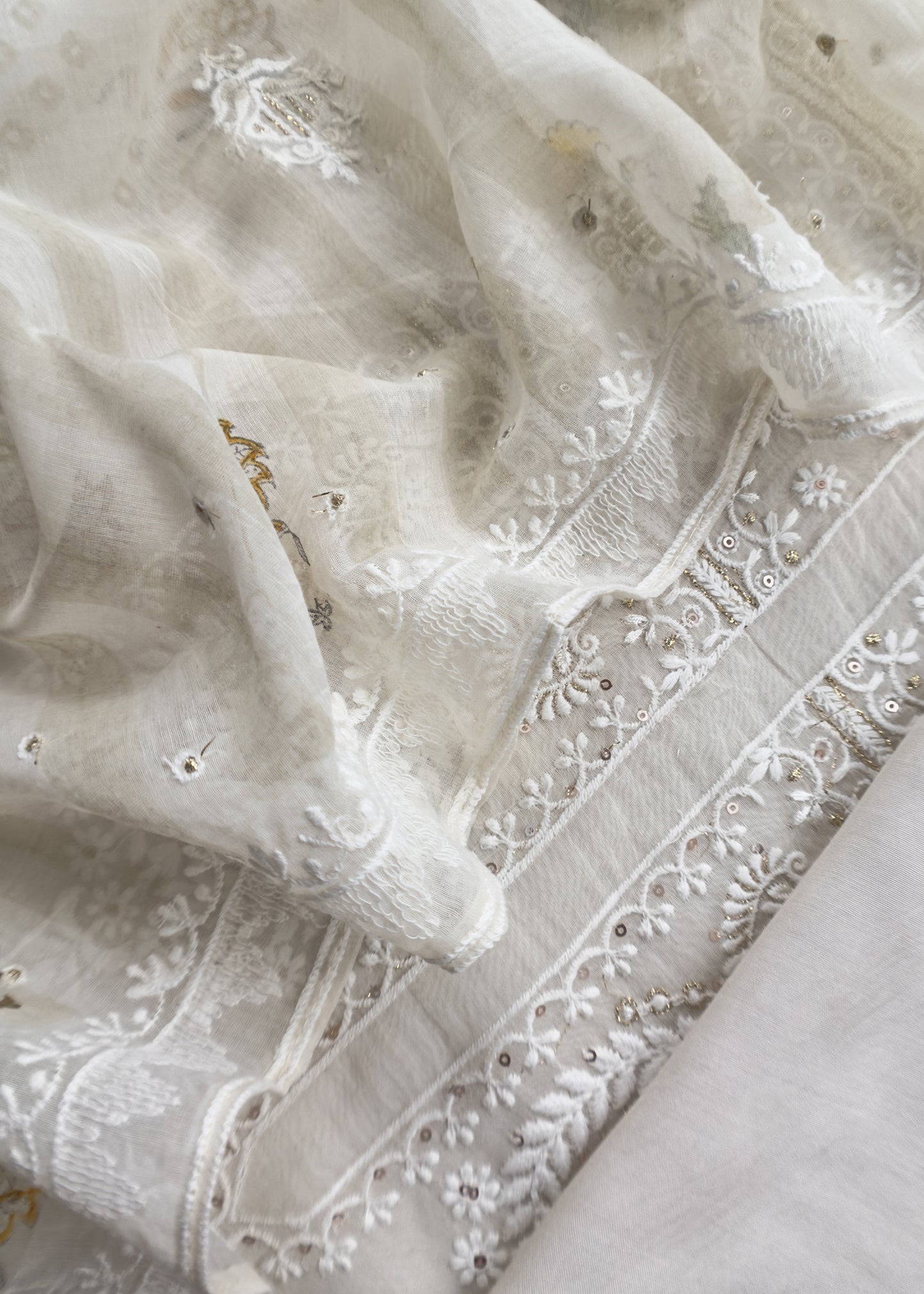 White With Yellow Pure Mul Handblock Print Suit With Chikan Embroidery