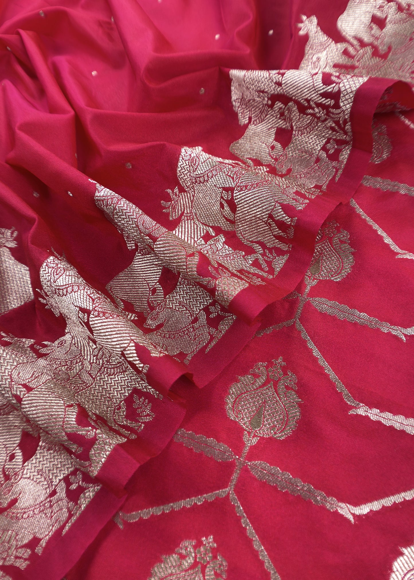 Red Katan Silk Suit Fabric With Gold Zari Pichwai Weaving