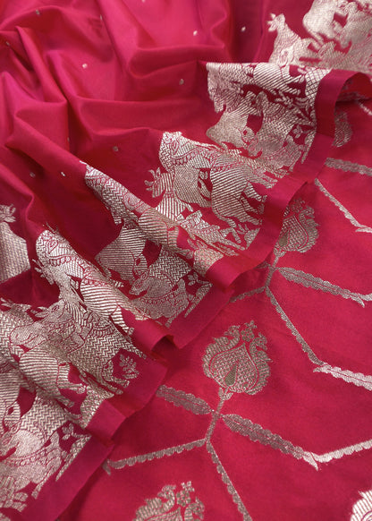 Red Katan Silk Suit Fabric With Gold Zari Pichwai Weaving