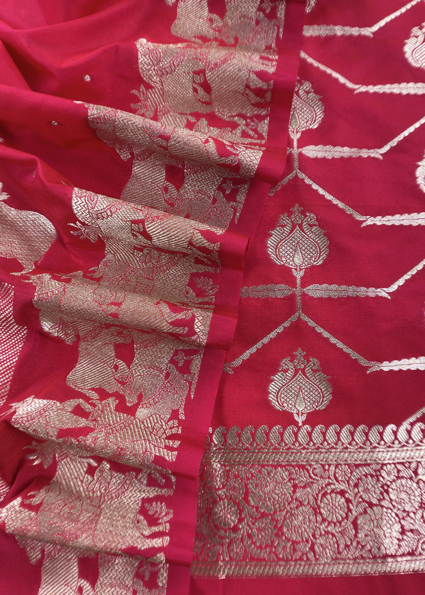 Red Katan Silk Suit Fabric With Gold Zari Pichwai Weaving