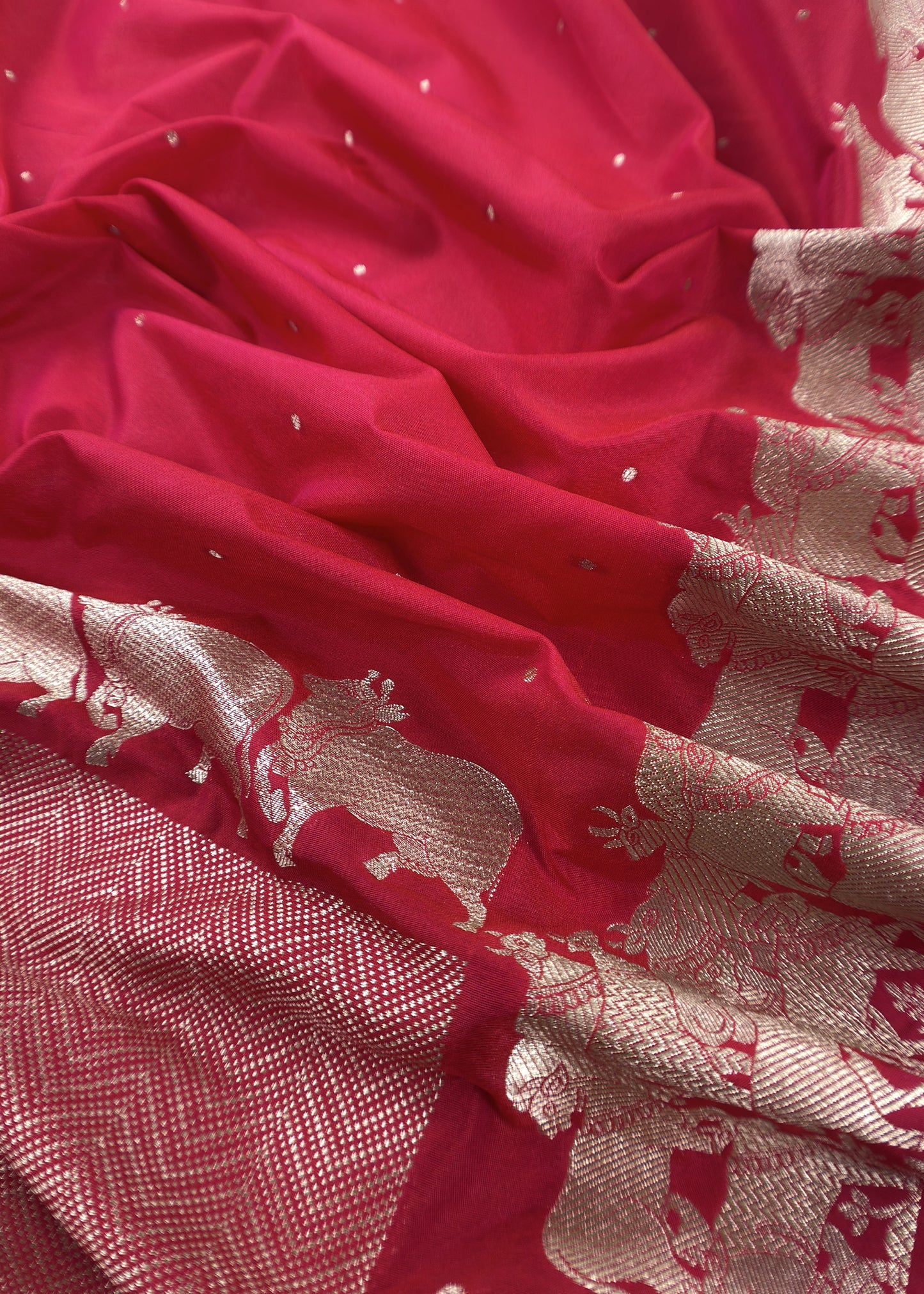 Red Katan Silk Suit Fabric With Gold Zari Pichwai Weaving