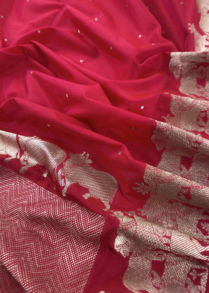 Red Katan Silk Suit Fabric With Gold Zari Pichwai Weaving