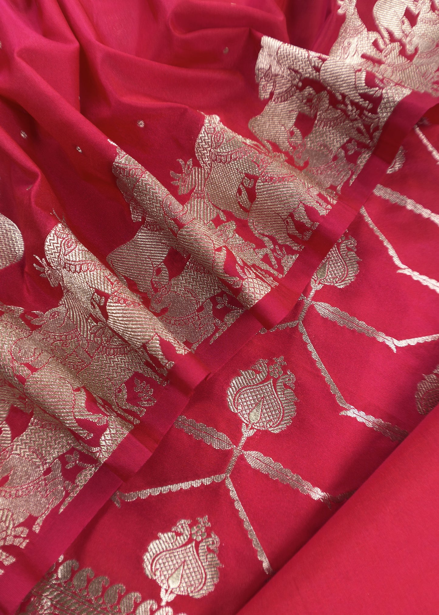 Red Katan Silk Suit Fabric With Gold Zari Pichwai Weaving