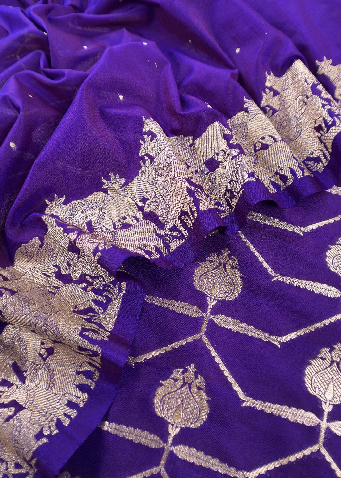 Blue Katan Silk Suit Fabric With Gold Zari Pichwai Weaving