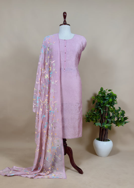 Pink Maheshwari Embroidered Suit With Criss Cross Stitching