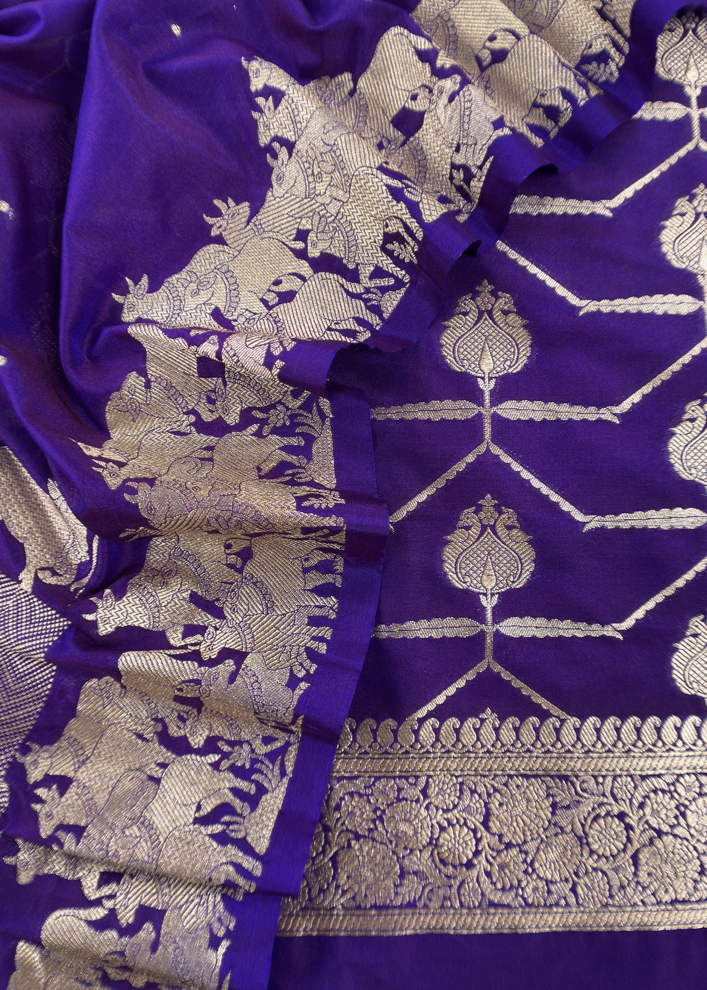 Blue Katan Silk Suit Fabric With Gold Zari Pichwai Weaving