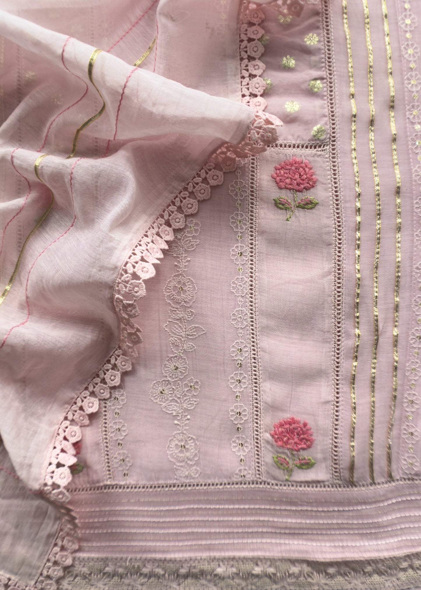 Blush Pink Pure Mul Suit With Gold Pitta Work And Resham Embroidery