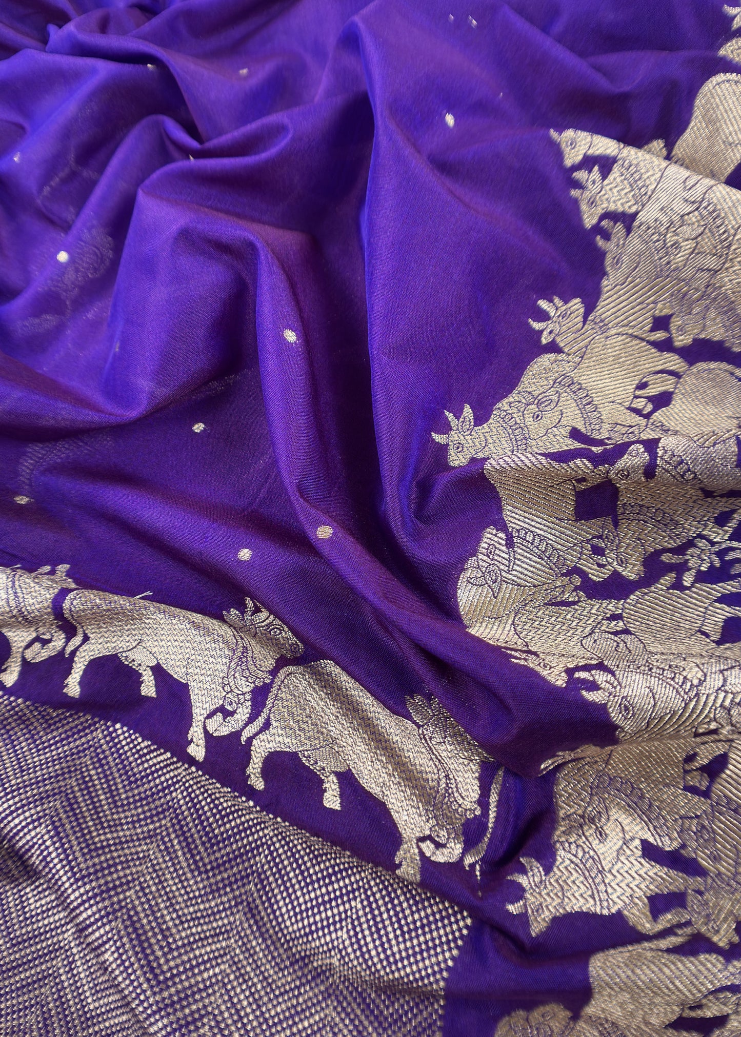 Blue Katan Silk Suit Fabric With Gold Zari Pichwai Weaving