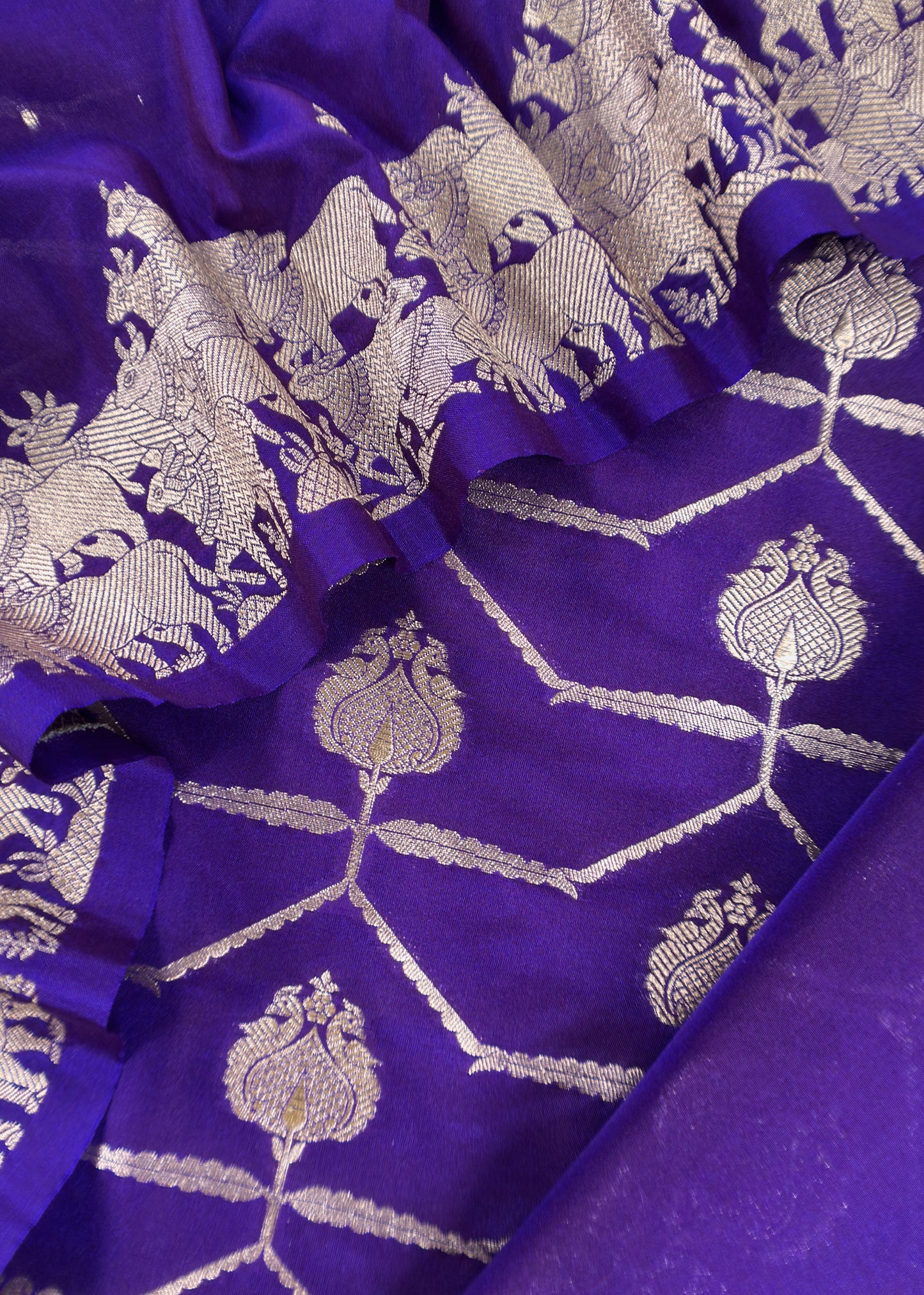 Blue Katan Silk Suit Fabric With Gold Zari Pichwai Weaving