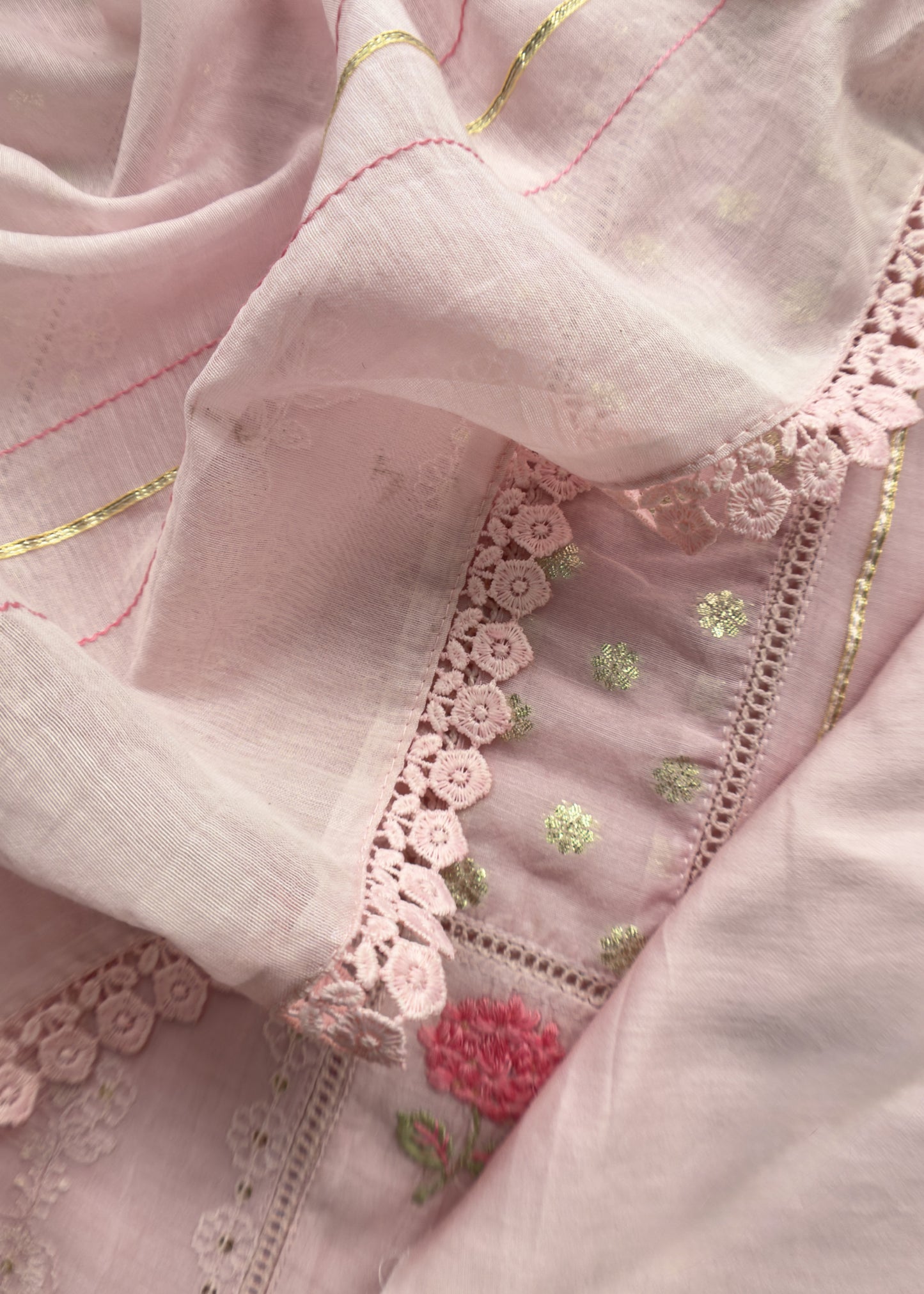 Blush Pink Pure Mul Suit With Gold Pitta Work And Resham Embroidery