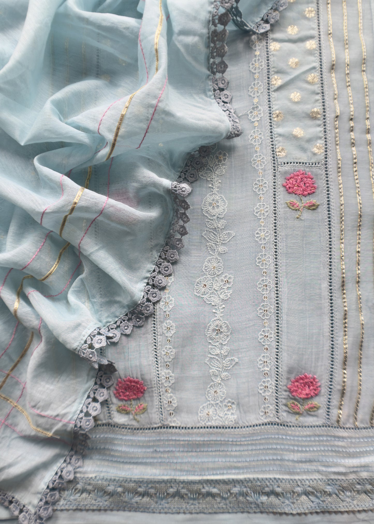 Light Blue Pure Mul Suit With Gold Pitta Work And Resham Embroidery