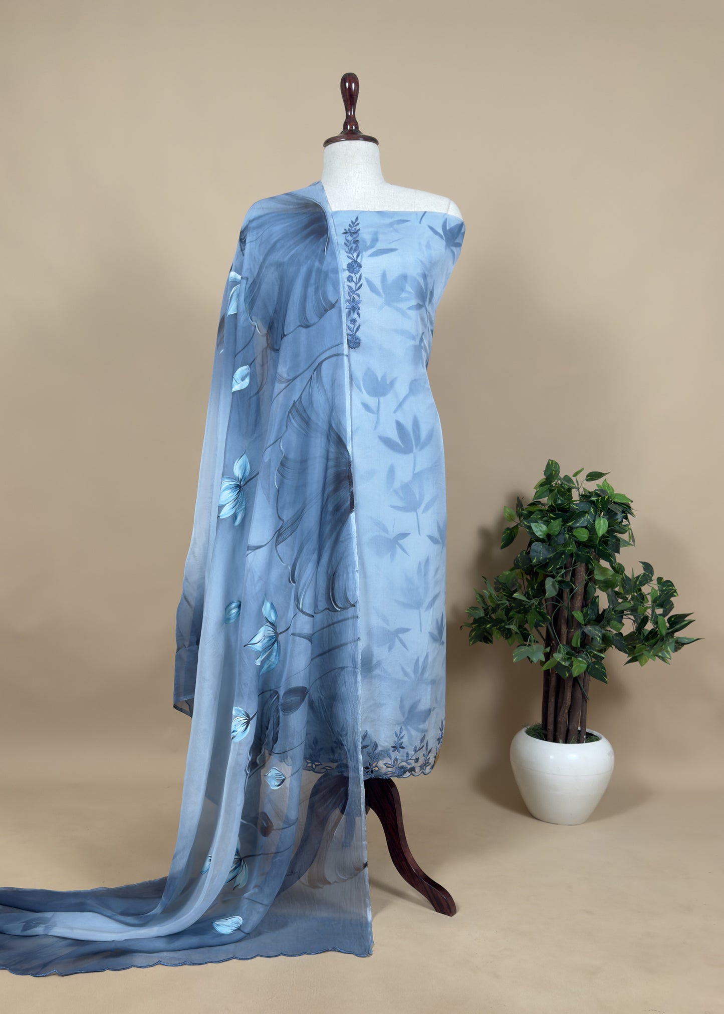 Blue Floral Handpainted Organza Suit Set