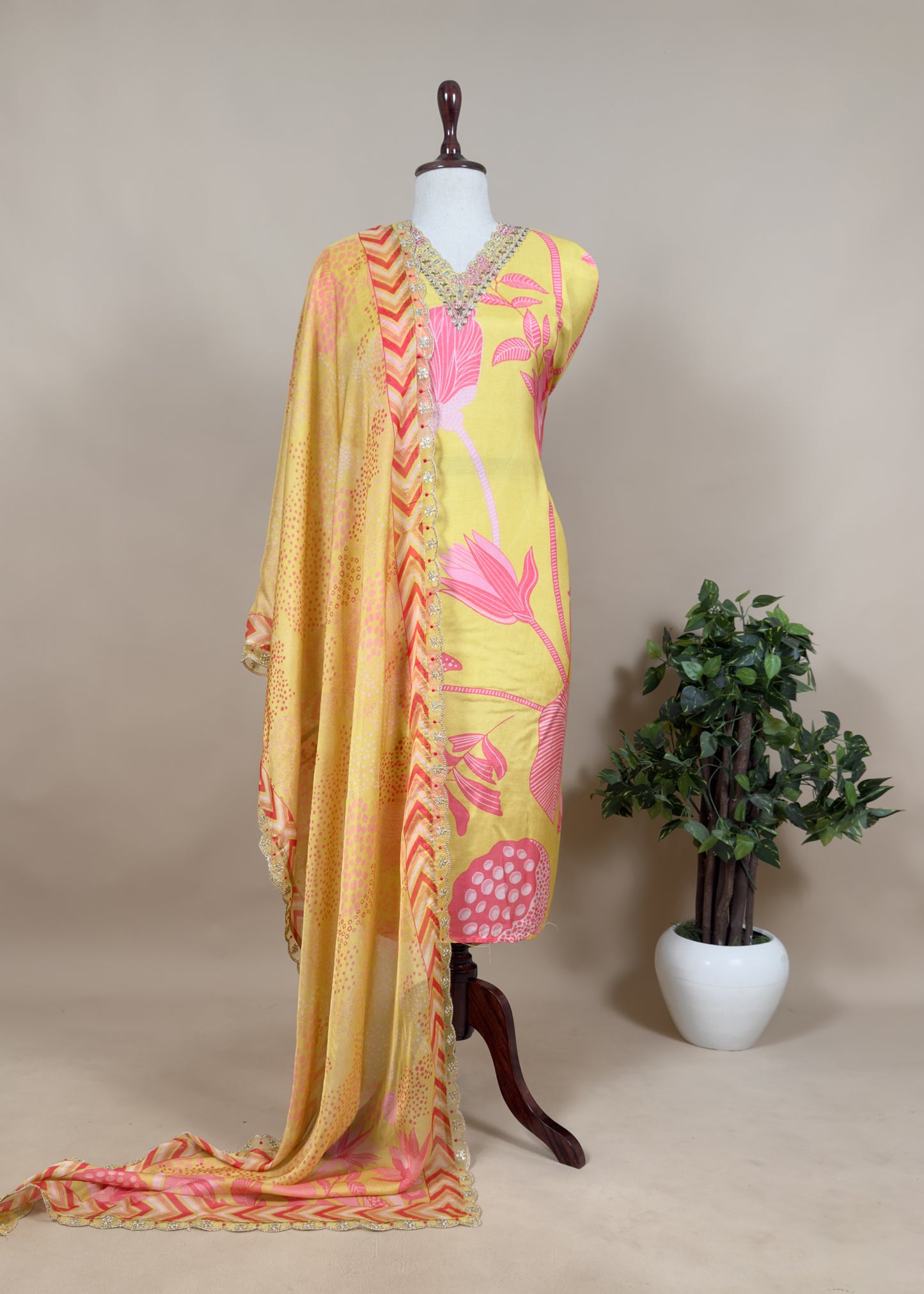 Yellow Digital Print Suit With Organza Dupatta