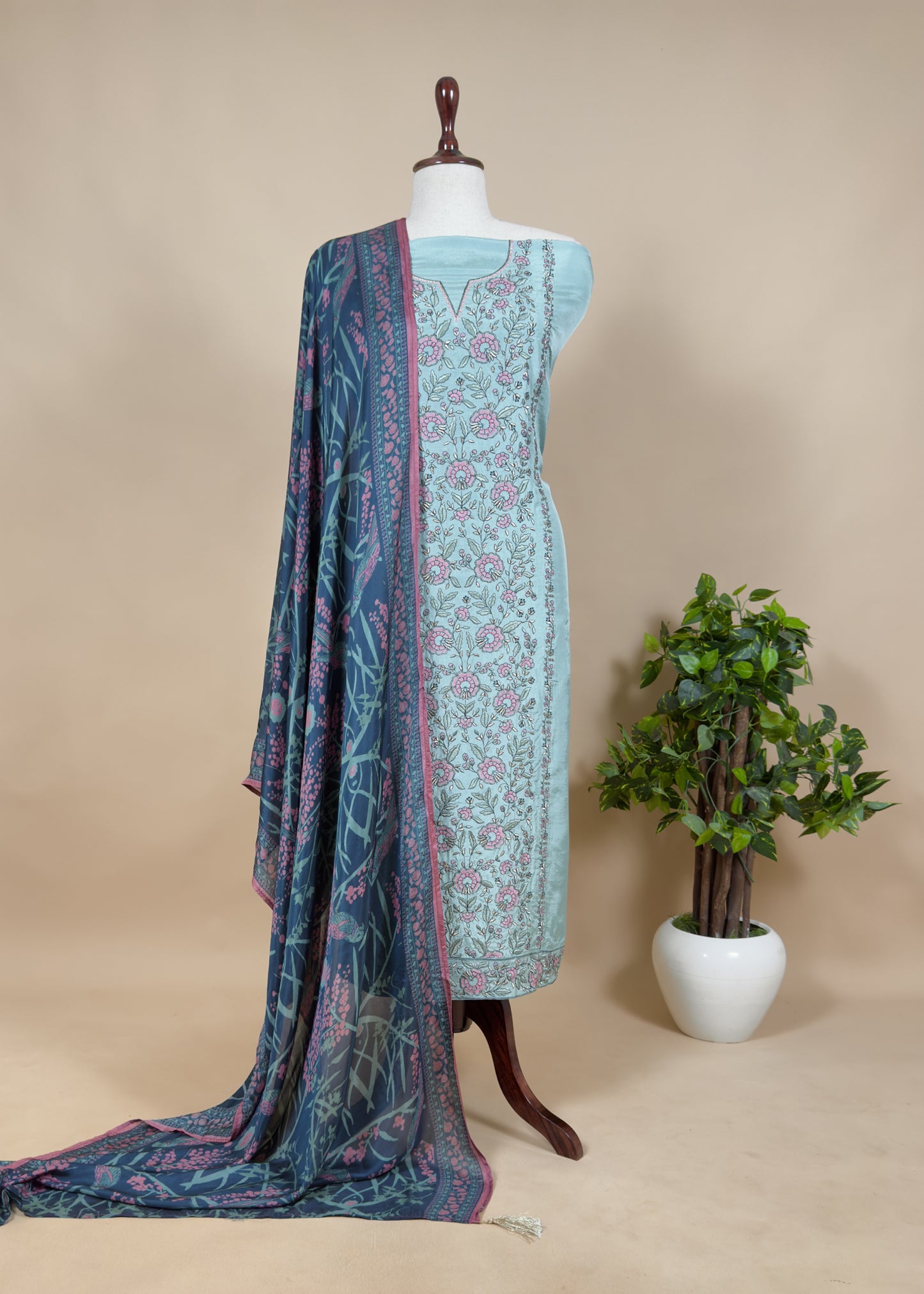 Grey Russian Silk Embroidered Unstitched Suit with contrast Tebby Dupatta