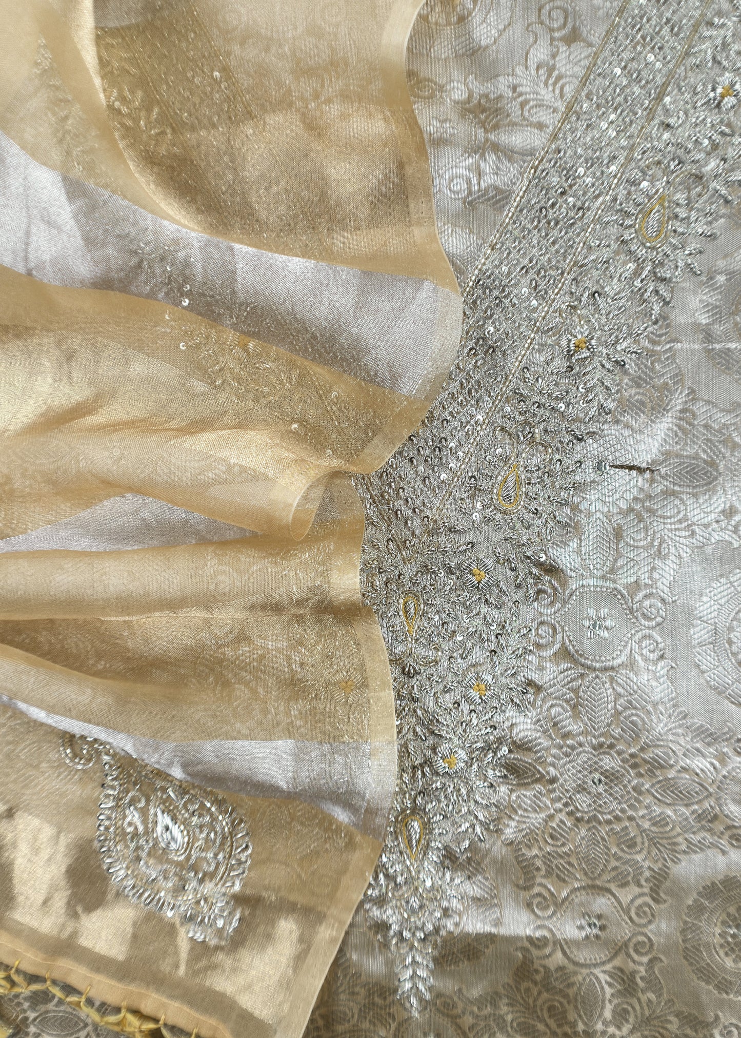 Beige yellow Handloom Brocade Tissue Silk Suit With Dabka, Dori, Zardosi Handwork