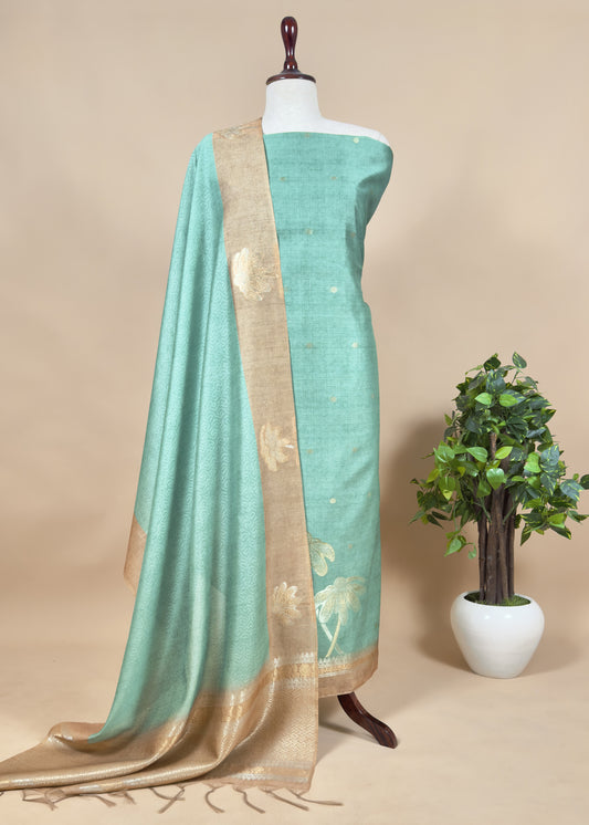 Green Tissue Unstiched Suit With Jamdani Weaving