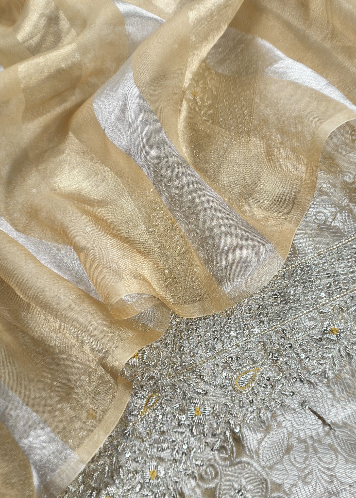 Beige yellow Handloom Brocade Tissue Silk Suit With Dabka, Dori, Zardosi Handwork