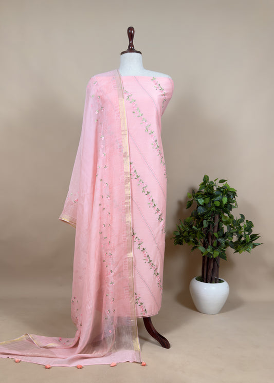 Pink Cotton Chanderi Suit With Parsi Thread Embroidery