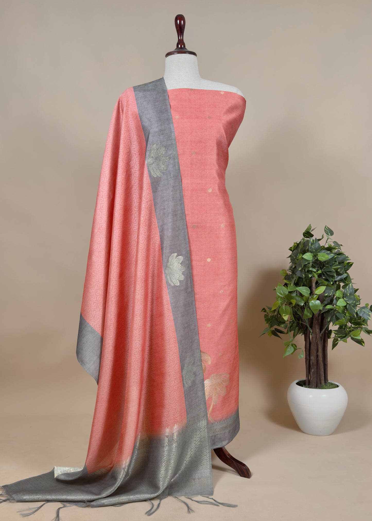 Pink With Grey Tissue Unstiched Suit With Jamdani Weaving