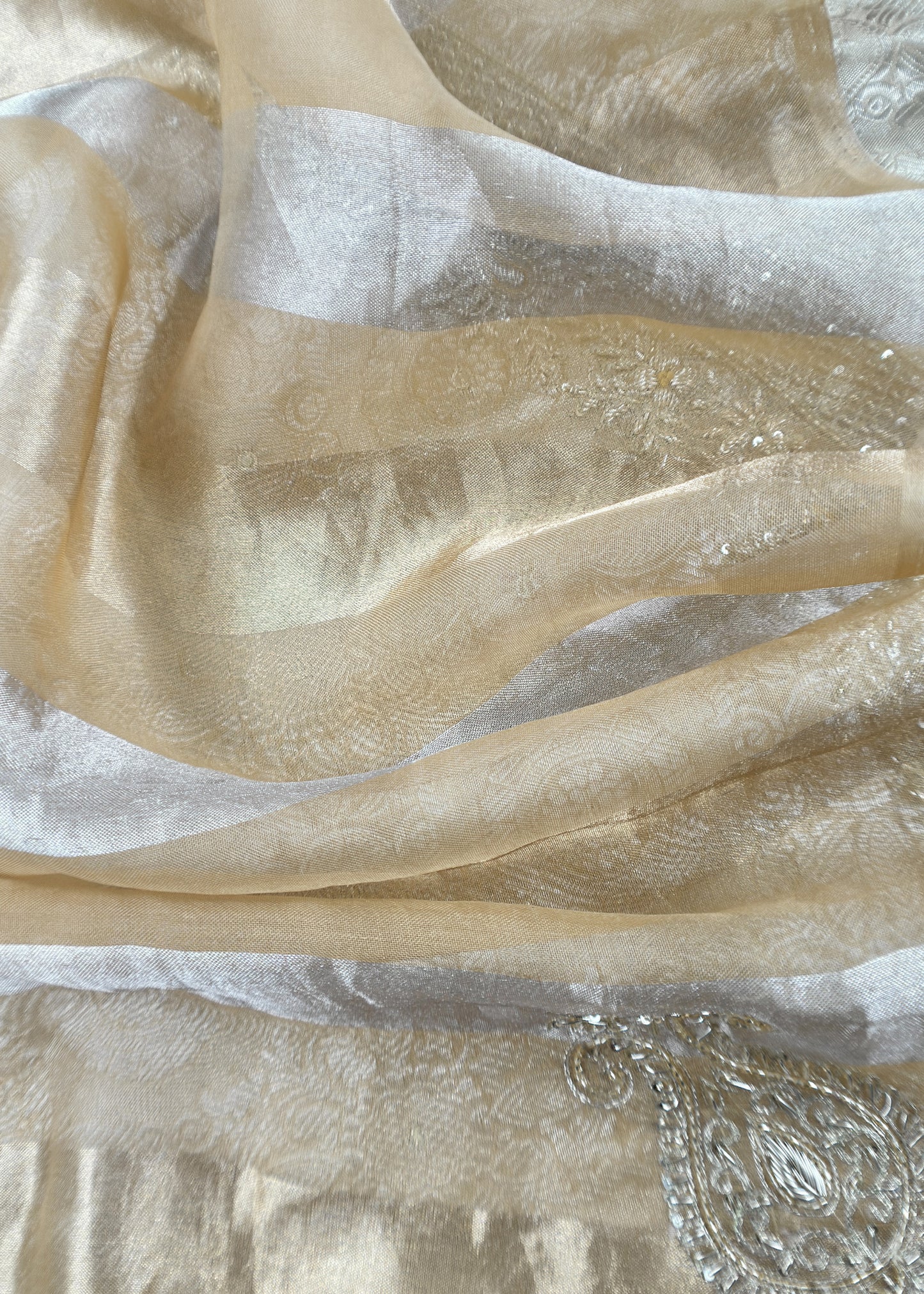 Beige yellow Handloom Brocade Tissue Silk Suit With Dabka, Dori, Zardosi Handwork