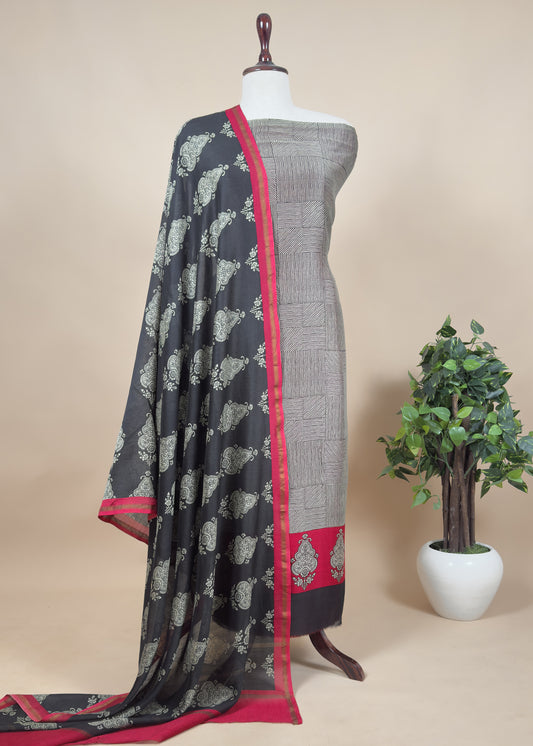 Red With Black Pure Maheshwari Unstitched Suit Traditional Dupatta