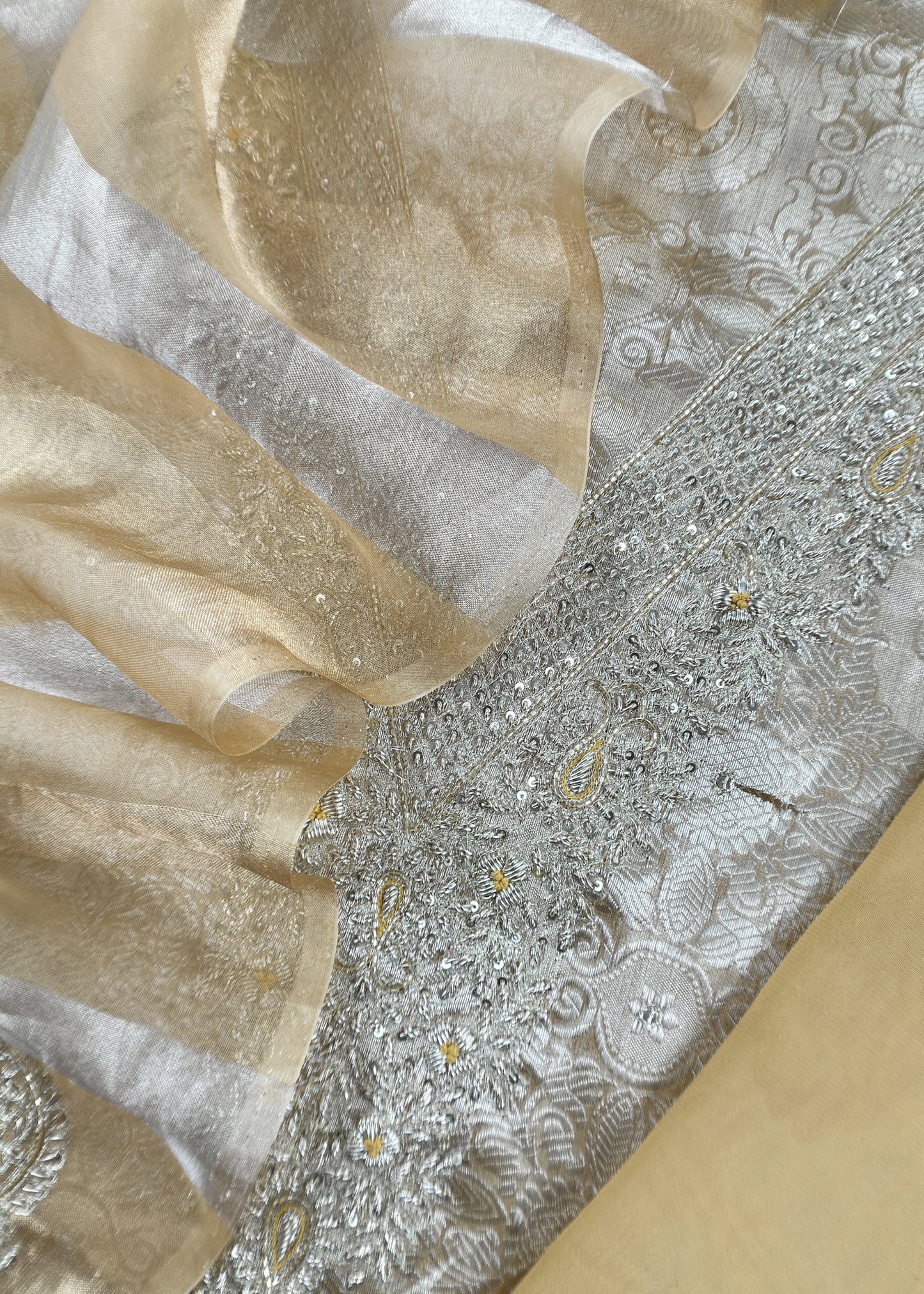 Beige yellow Handloom Brocade Tissue Silk Suit With Dabka, Dori, Zardosi Handwork