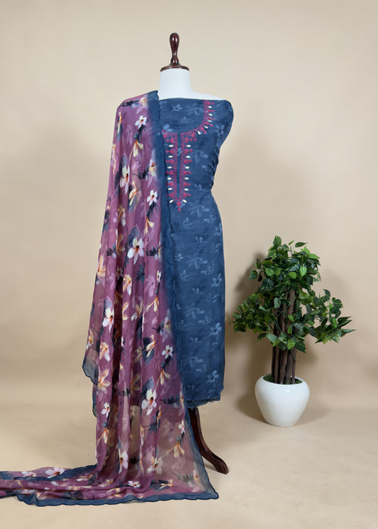 Pure Organza Kurta with Dori embroidery and Floral Brushprint dupatta