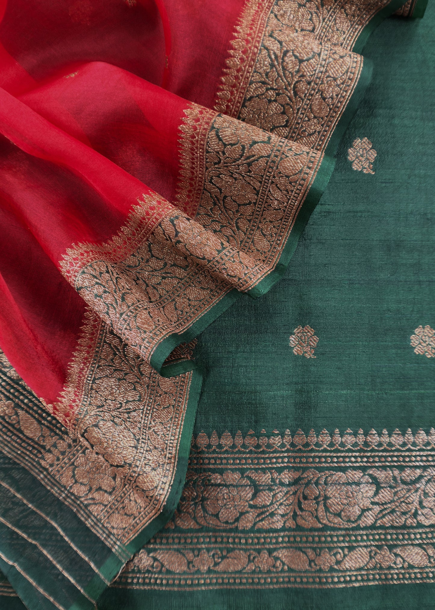 Green and Red Handloom Raw Silk Kurta and Kora Silk Dupatta with Gold Kadwa Weaving