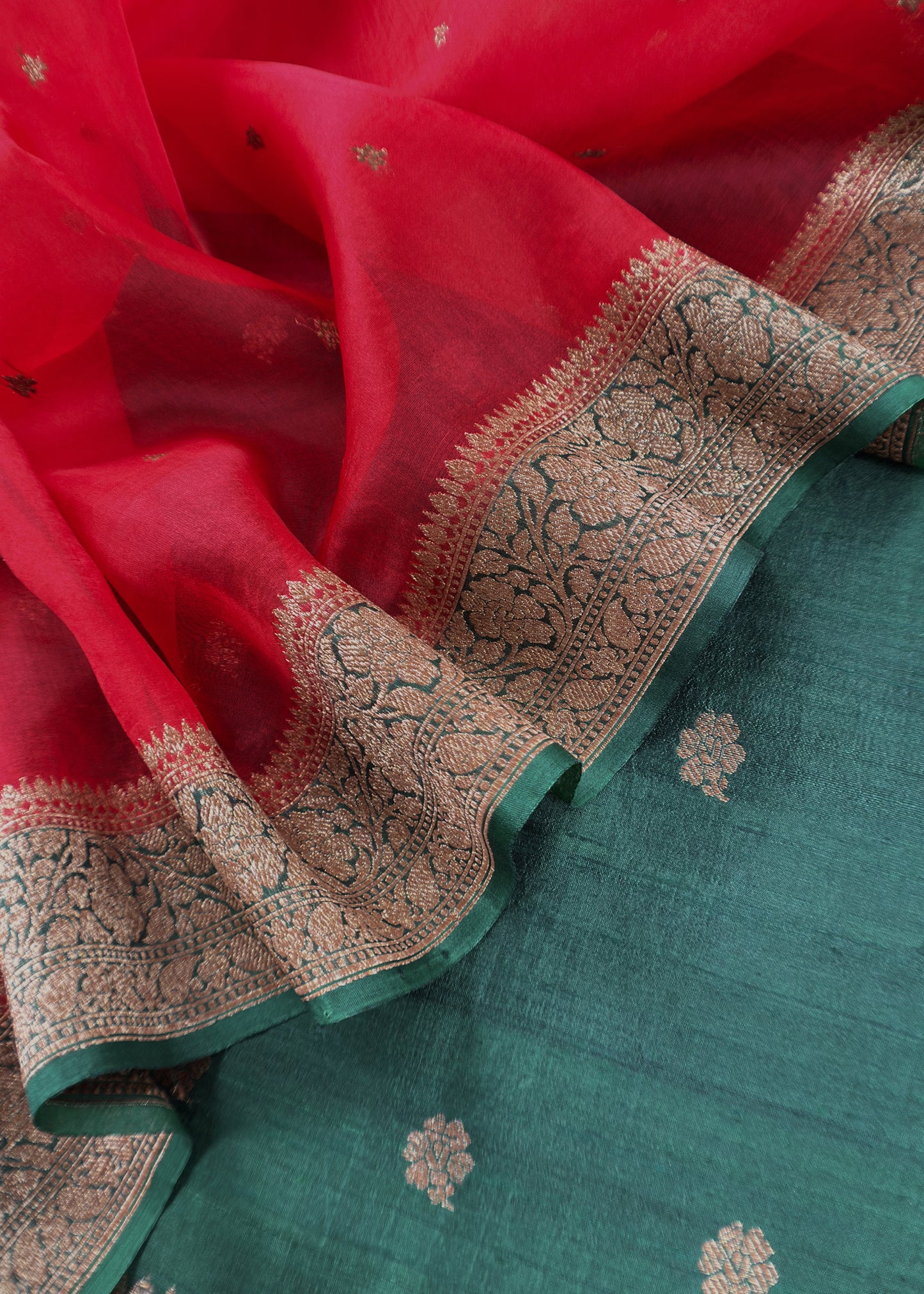Green and Red Handloom Raw Silk Kurta and Kora Silk Dupatta with Gold Kadwa Weaving