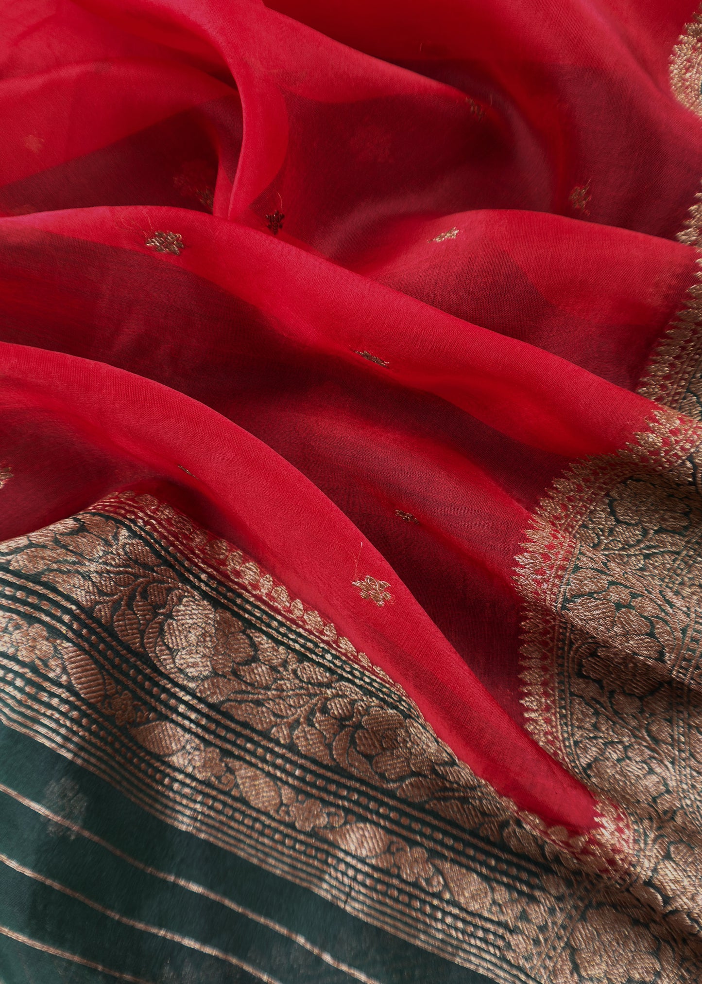 Green and Red Handloom Raw Silk Kurta and Kora Silk Dupatta with Gold Kadwa Weaving