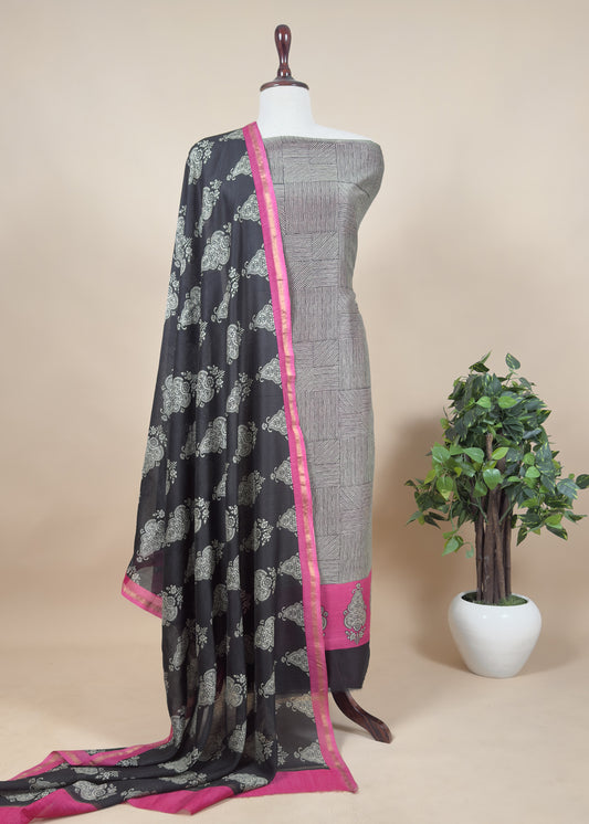 Pink With Black Pure Maheshwari Unstitched Suit Traditional Dupatta