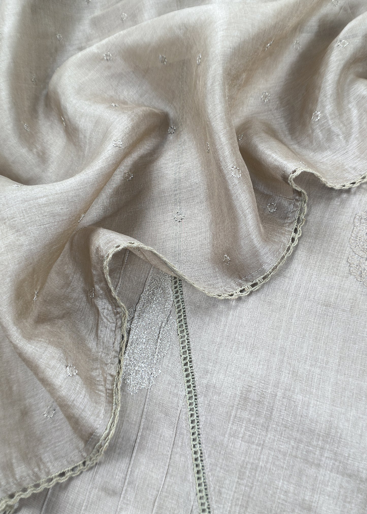 Gery Designer Handloom Desi Tussar Suit Fabric With Embroidery