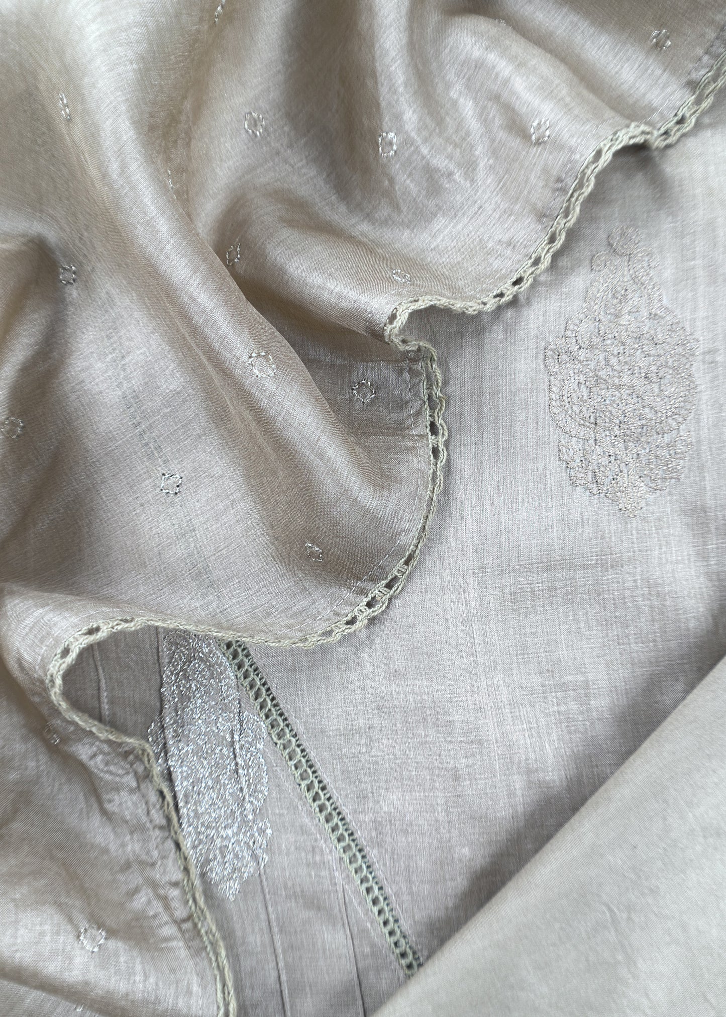 Gery Designer Handloom Desi Tussar Suit Fabric With Embroidery