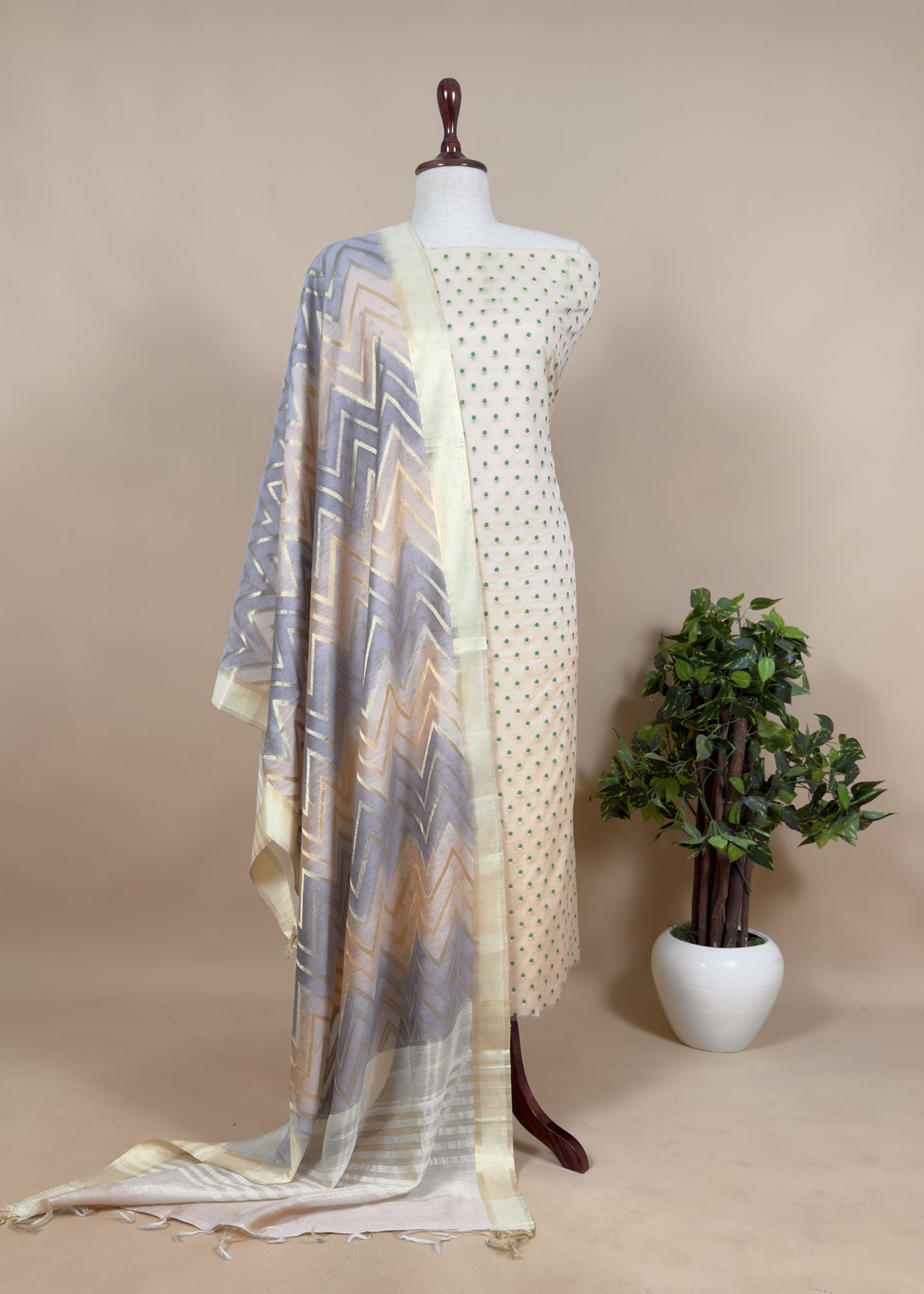 Beige Handwoven Banarasi Chanderi Suit