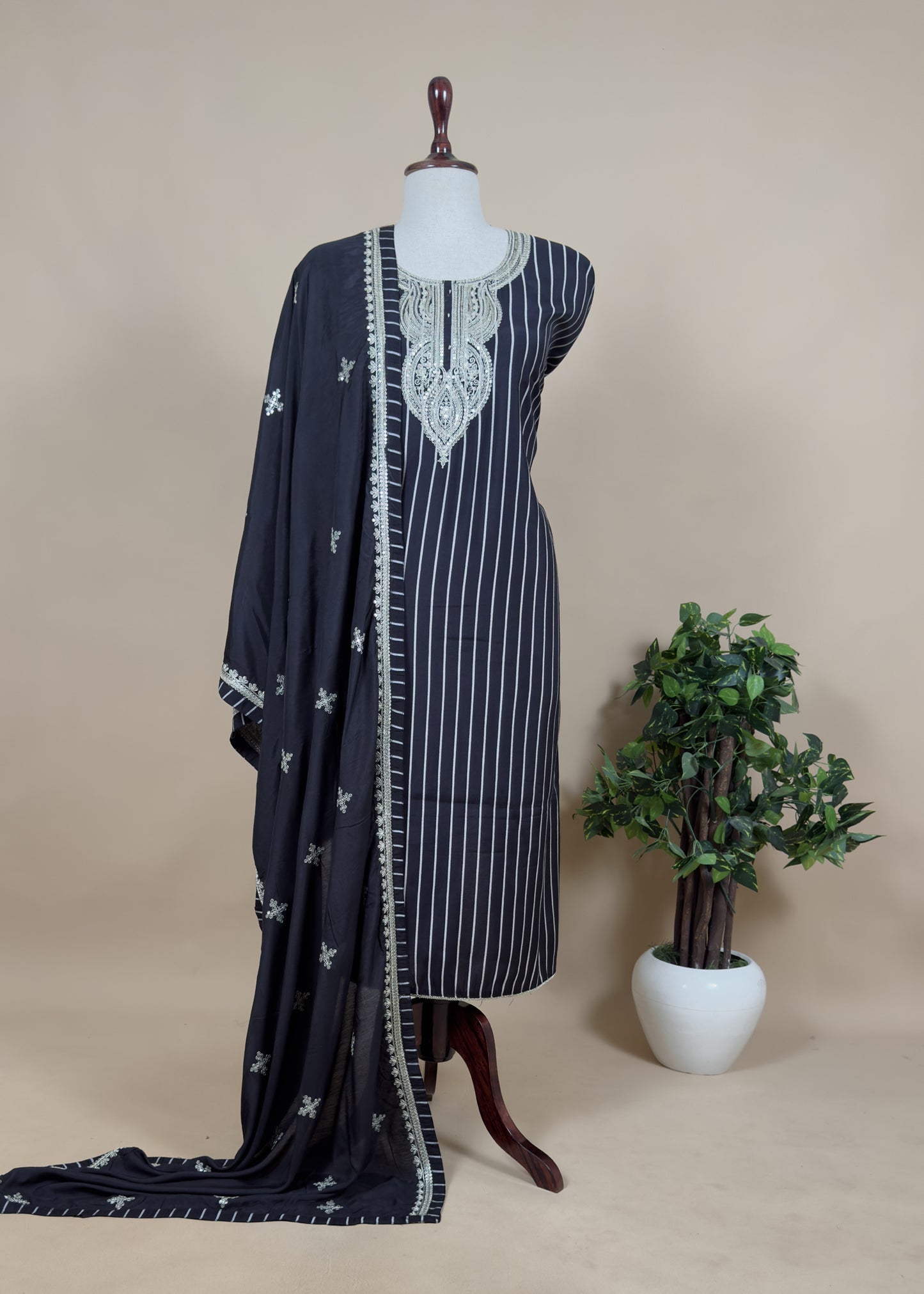 Black Cotton muslin Suit With sequins Handwork