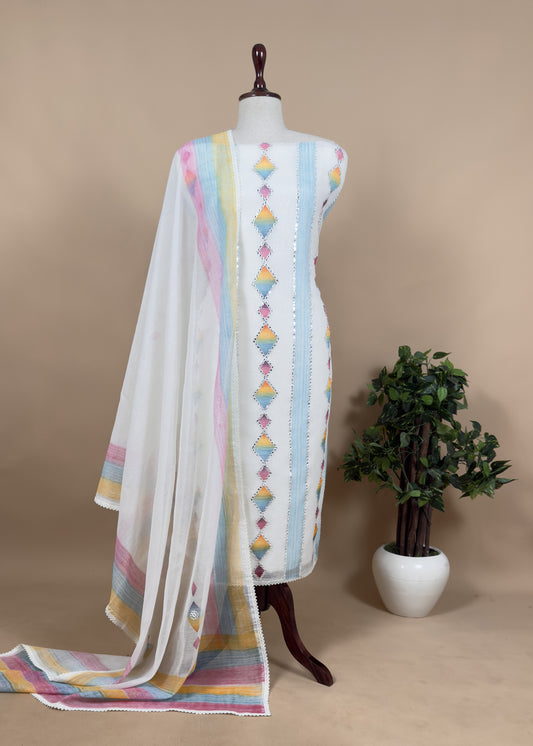 White Unstitched Kota doriya Suit With Dupatta