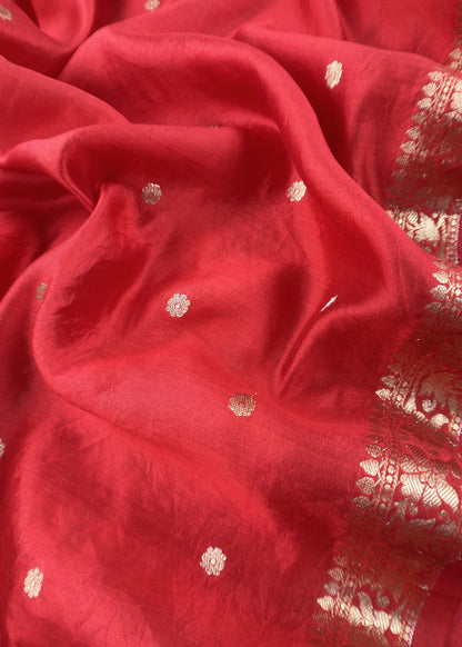Red Handloom Munga Silk Suit With Zari Weaving