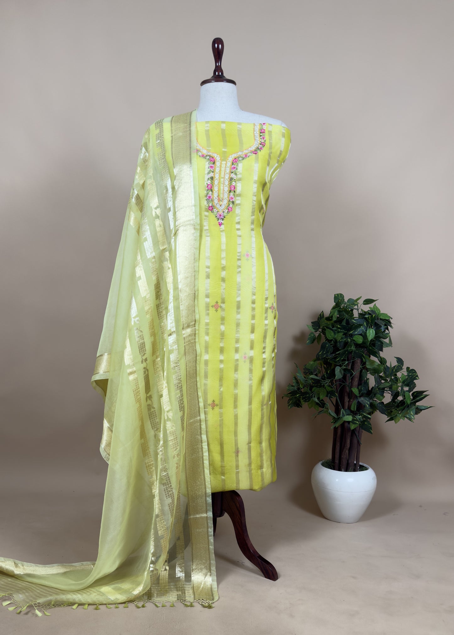 Ekaya Banaras Green Embroidered  Kora Silk Suit Set