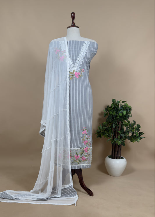 Grey Cotton Suit with Thread Embroidery