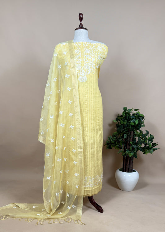 Yellow Ekaya Banaras Chikankari Suit With Organza Dupatta