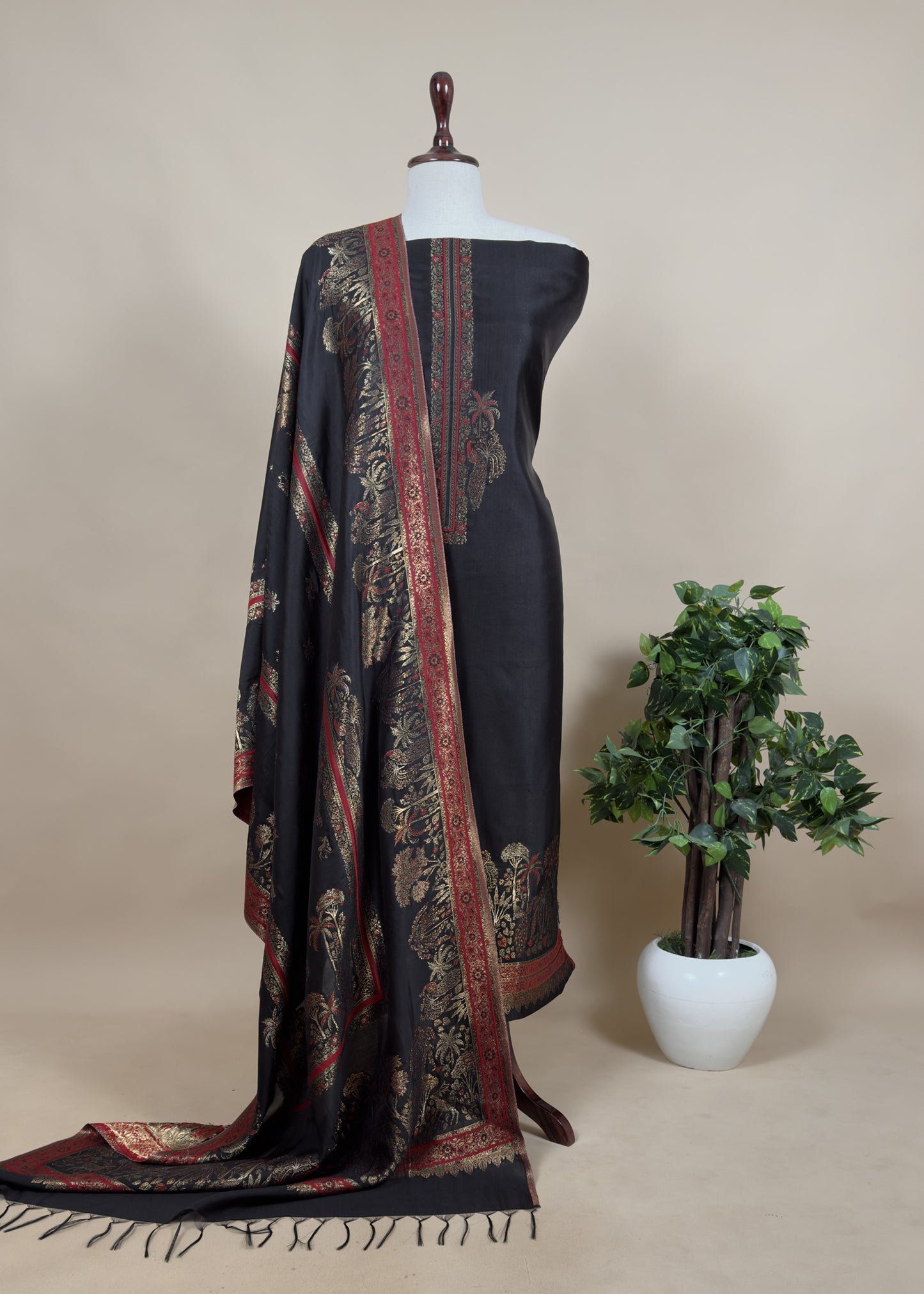 Black Palm Trees Kani Zari Silk Unstitched Suit