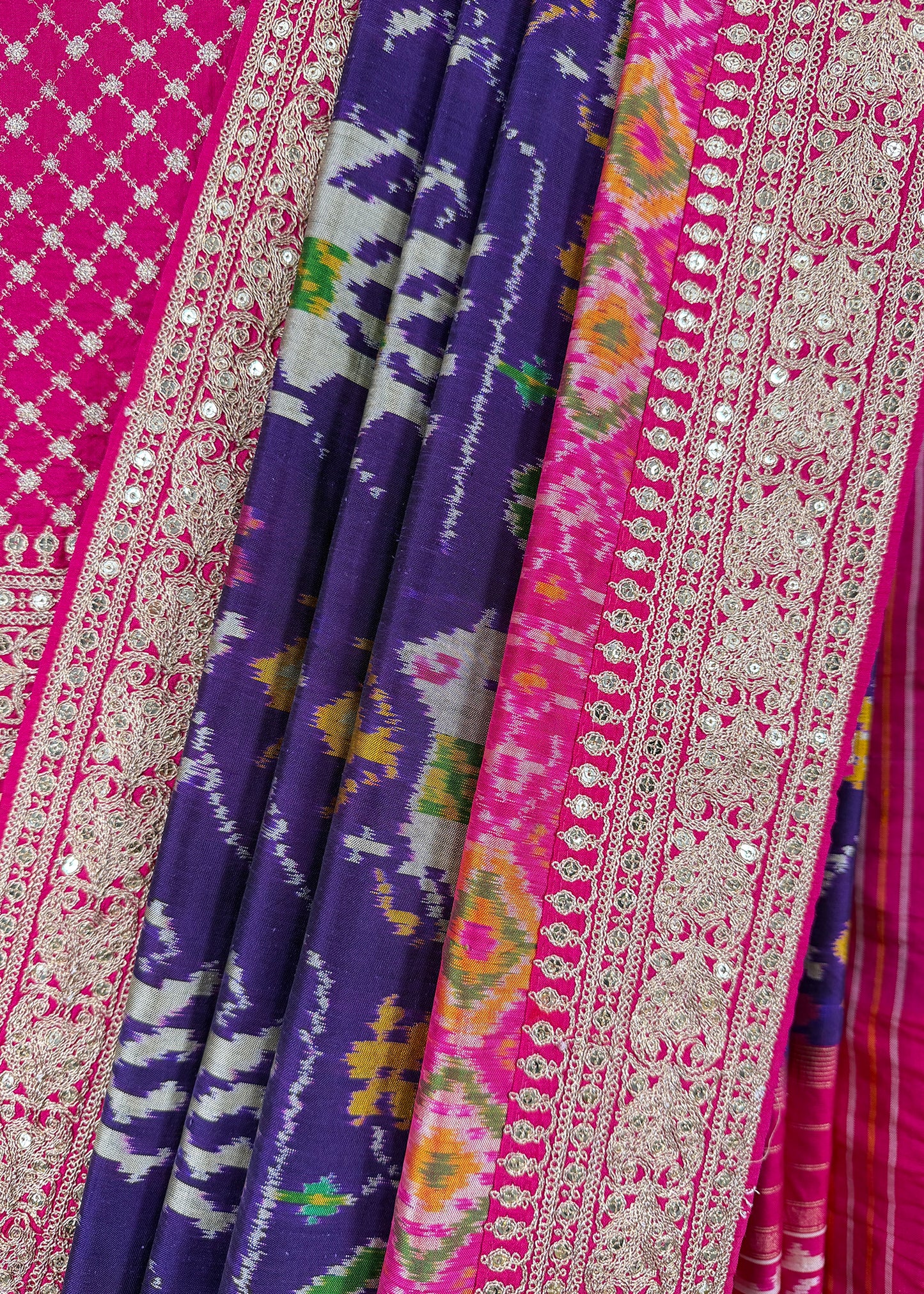 Pink With Blue Saree In Handloom Silk Adorned With Handwork Laces
