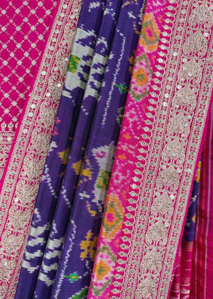 Pink With Blue Saree In Handloom Silk Adorned With Handwork Laces